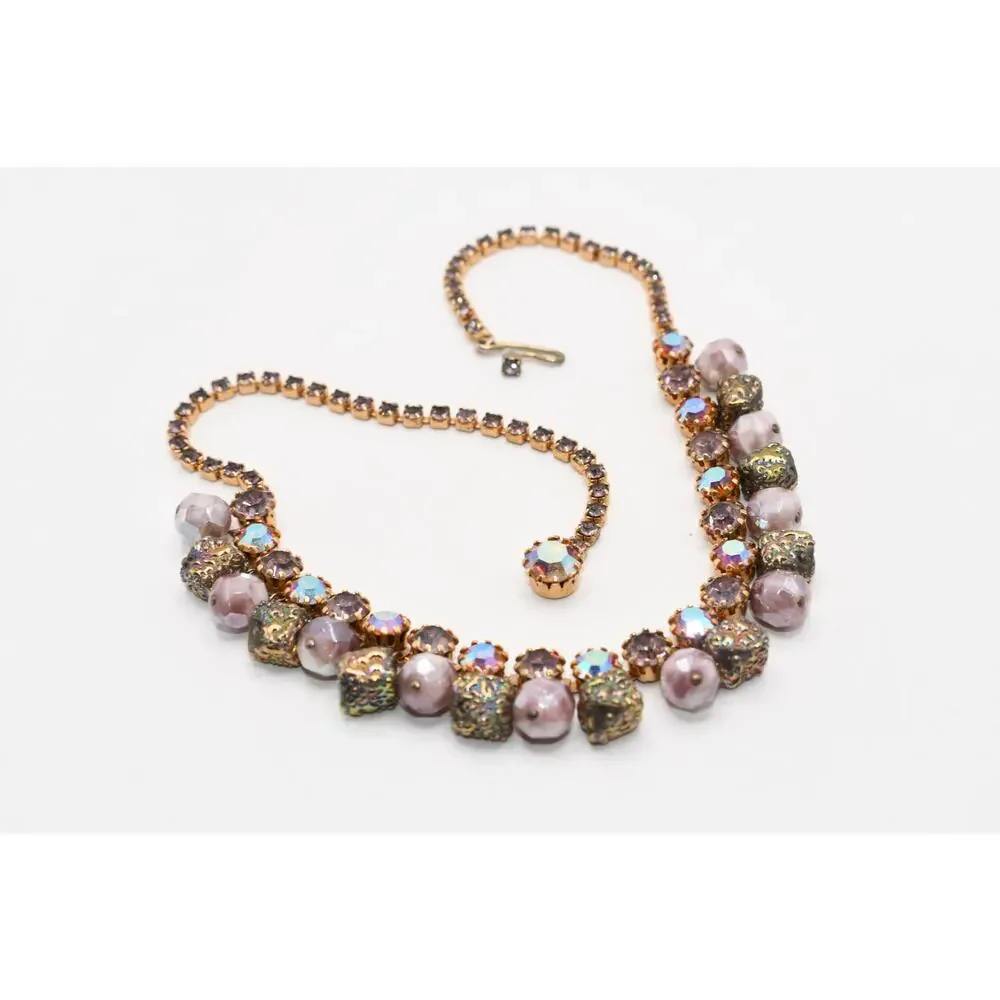 Vintage AB Rhinestone Art Glass Dangle Choker Necklace 15 Inch